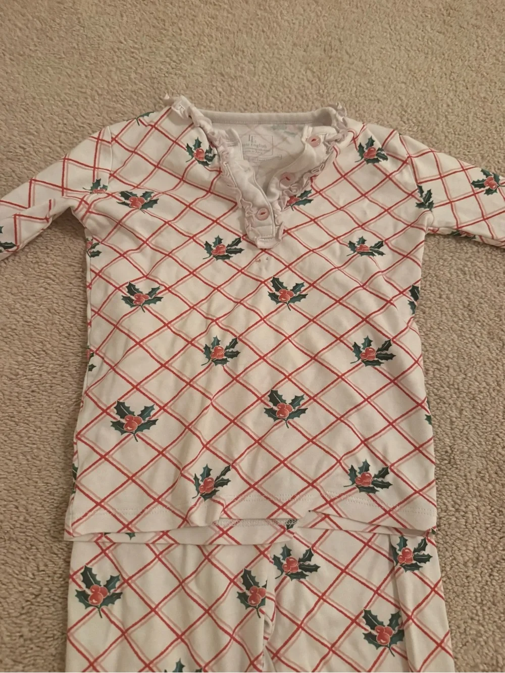 Little English Girls White and Red Lattice Floral Christmas Pajama Set